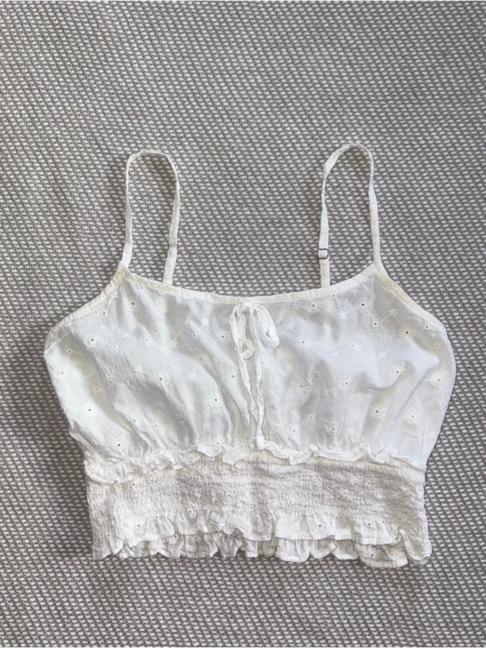 Active USA White Eyelet Pointelle Babydoll Cottage Crop Tank Top Sz Sm